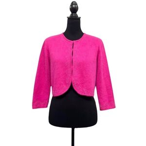 Vintage 90s Pierre Cardin Pink Beaded Cropped Cardigan Rabbit Hair Wool Blend XL